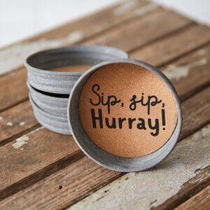 Set of Four Mason Jar Lid Coasters - Sip, Sip, Hurray Rustic Country